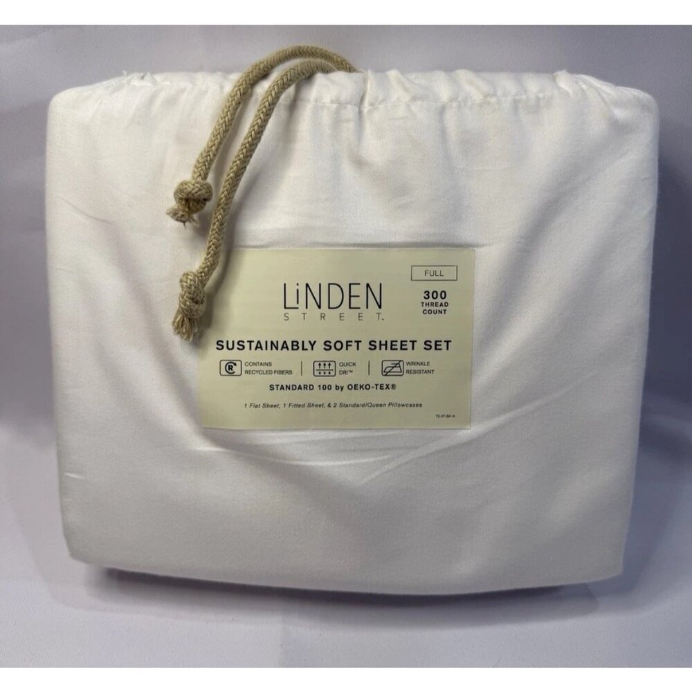 Linden Street Full Size Sheet Set Bright White SOFT 300 TC Flat Fitted *T11